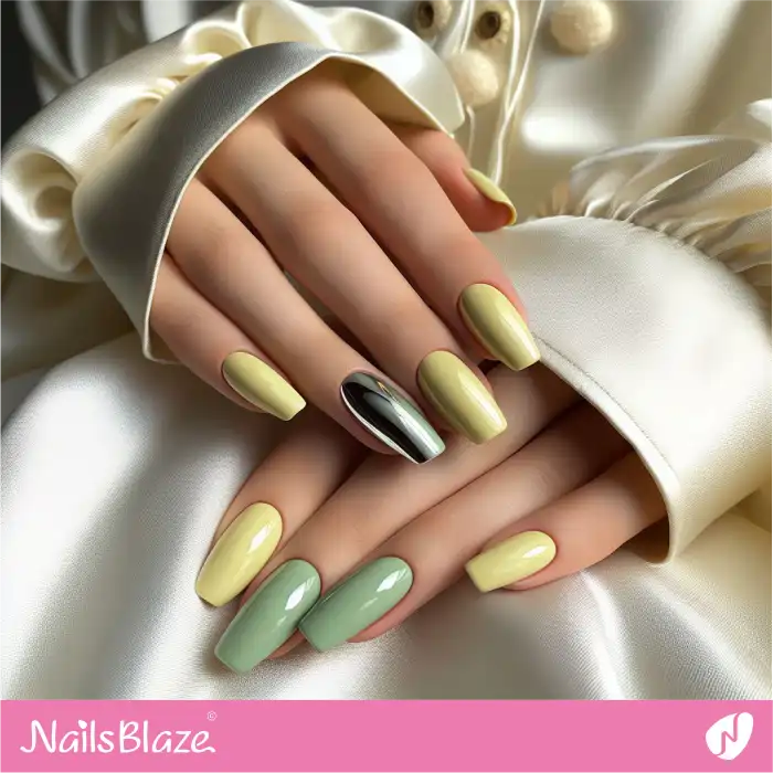 Long Butter Yellow and Sage Green Nails | Spring Nails - NB3941